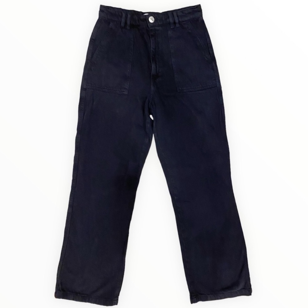 Zara High Waisted Flare Navy Cargo Jeans Size M